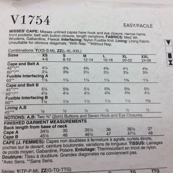 Vogue 1754 Easy Cape Pattern in 2 Lengths Lrg Xlg Xxl Uncut Sz 16 18 20 22 24 26 - Picture 2 of 11